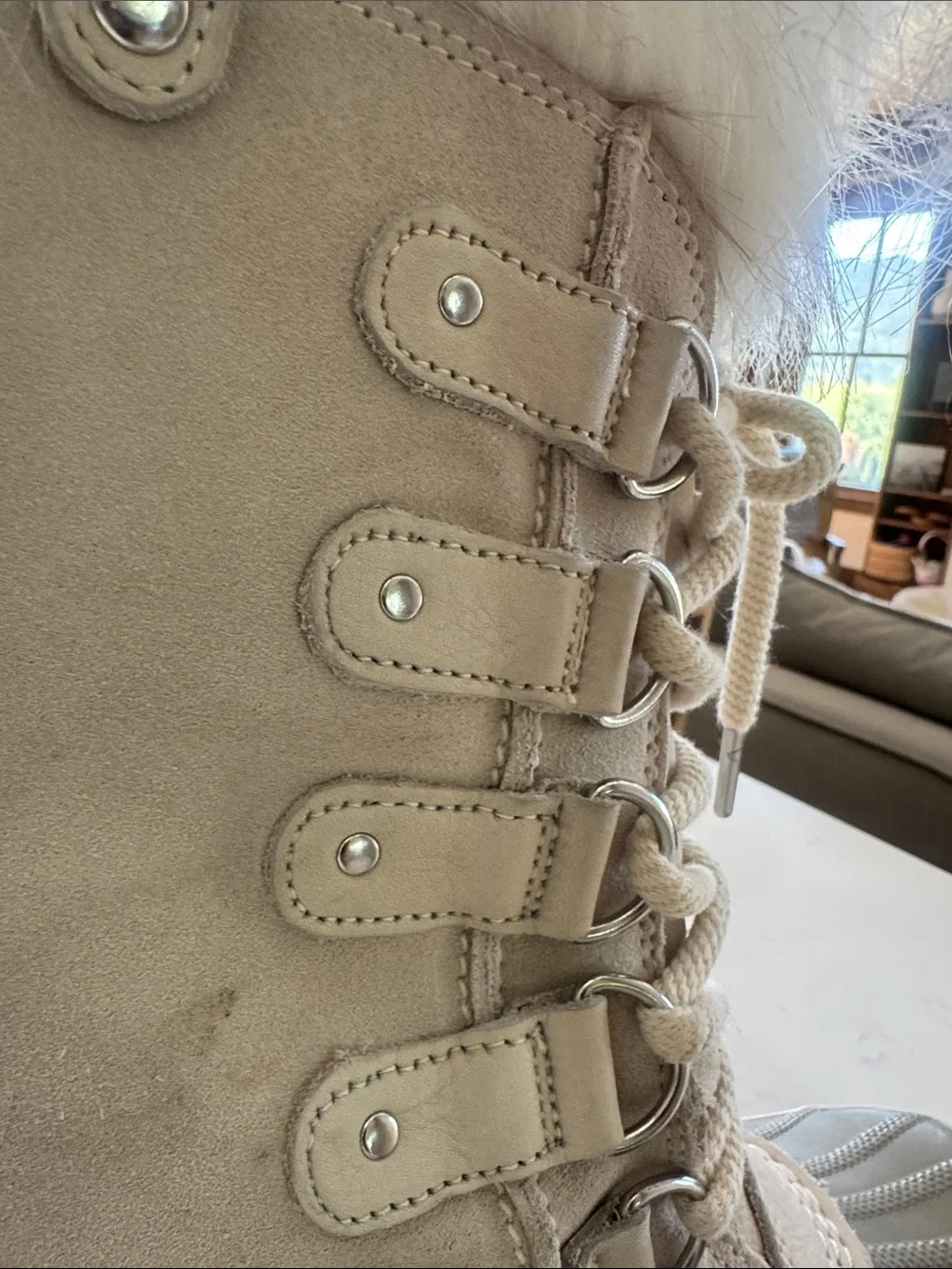 SOREL Joan of Arctic cream suede taupe faux fur waterproof winter snow boots
